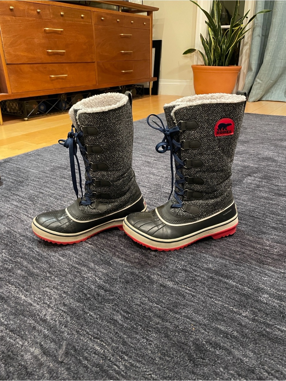 Sorel Grey Herringbone Waterproof Winter Boots with Red Sole